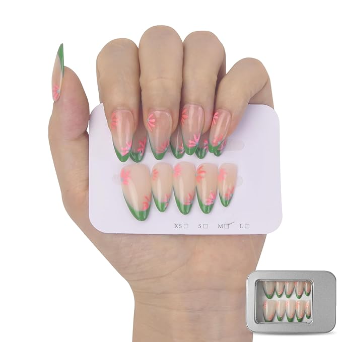 Green French Tip Floral Press On Nails - Handmade Medium Almond Nude Base Salon Quality- Reusable Gel Acrylic Full Set 10pcs - (Blooming Series, Size M)