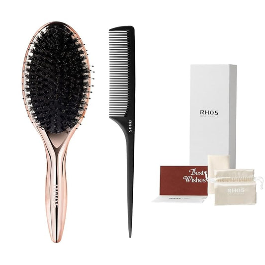 RHOS Boar and Nylon Bristle Hair Brush for Long, Curly, Thick Hair, Soft Natural Bristle Detangling Brush, Smooth & Shine, Set Includes Rat Tail Comb, Storage Bag (0.79inch Bristle)