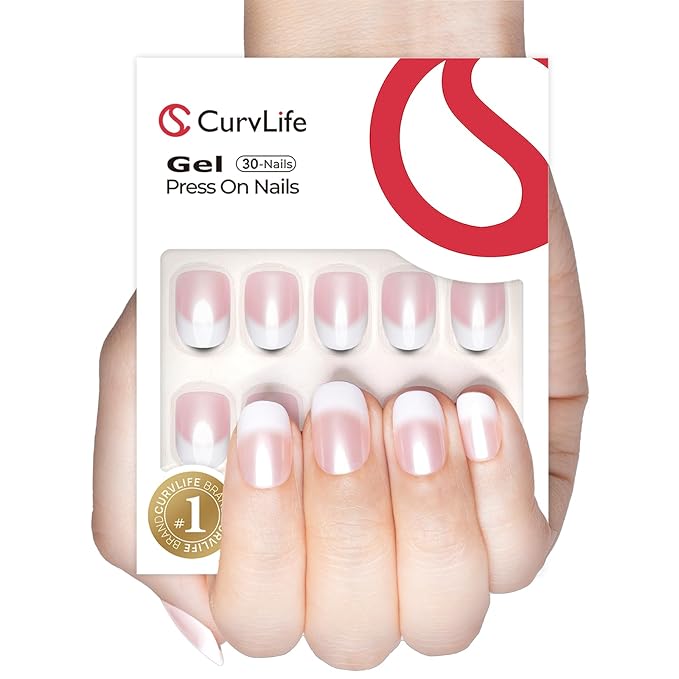 Curvlife Soft Gel Press on Nails Gel Fake Nails, French Style Design Full Cover False Nails for Women Reusable Nail Kit with Nail Glue Adhesive Tabs Nail File