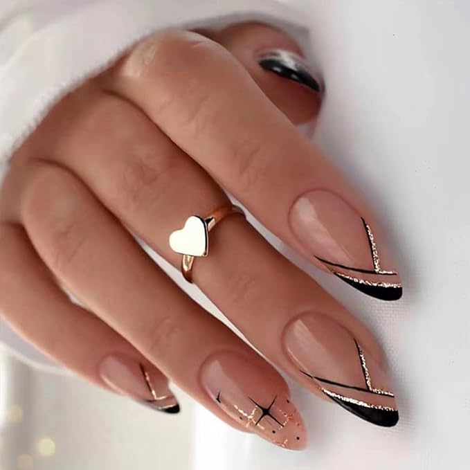 6 Packs (144 Pcs) French Tip Press on Nails Medium Almond Fake Nails Full Cover False Nails with Design Glossy Glue on Nails in 12 Sizes Fake Nails Kit Reusable Artificial Stick on Nails for Women