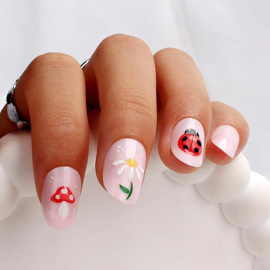 3D Nature Press On Nails Short Oval 24PCS Cute Fake Nails with Butterfly, Ladybug, Mushroom & Flower Art, Pink Glossy Acrylic Stick On Nails with Glue Kit for Girls & Women