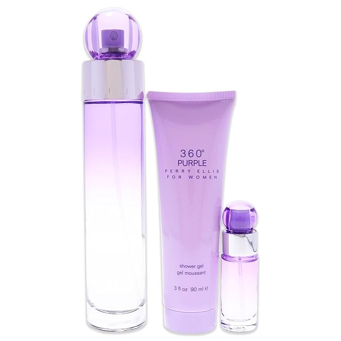 Perry Ellis 360 Purple Women 3.4oz EDP Spray, 0.25oz EDP Spray, 3.0oz Shower Gel 3 Pc Gift Set