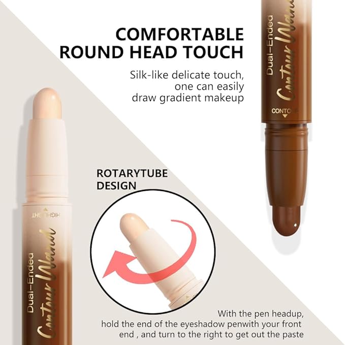 Nuetral Nude + Beige Contour Stick Dual Ended Face Body Makeup Waterproof no Transfer, 2 in 1 Cream Concealer Stick Contouring Makeup Kit, Nose Contour Bronzer Sticks Face Highlighter Make up