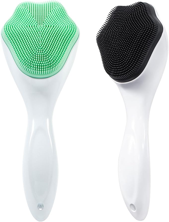 Silicone Face Scrubber Exfoliating Brush, 2 Pack Manual Handheld Facial Cleansing Brush Blackhead Scrubber, Soft Bristles Waterproof for Face Skincare (Green,Black White)