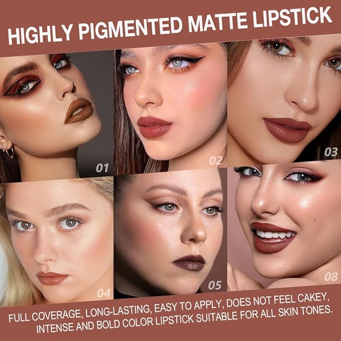 evpct 6Pcs Warm Red Brown Nude Maroon Dark Wine Gradient Matte Lipstick Lip Liner Crayon Combo Pencil Set for Women, Longwear Cream Lipliner and Lipstick Combo Makeup, Flawless Lip Bar Ombre Effect