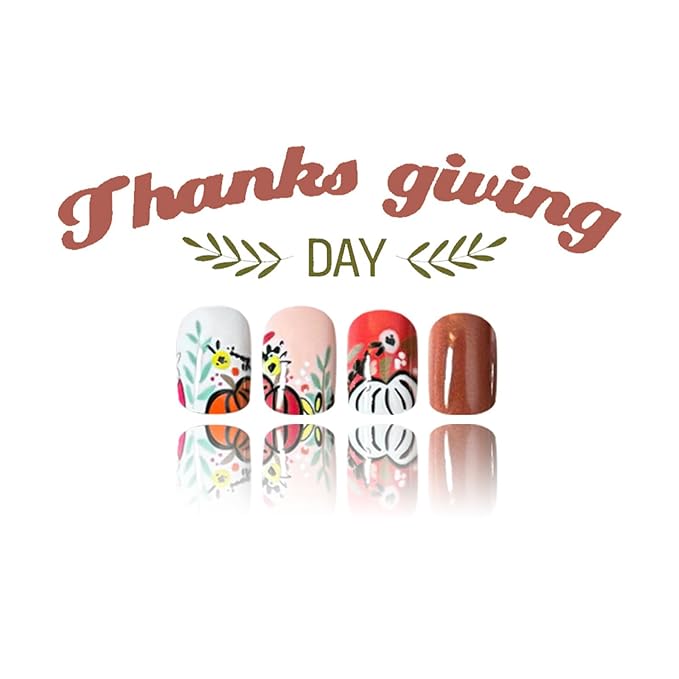 Thanksgiving Press on Nails Short Square Fake Nails Brown False Nail with Pumpkin Floral Designs Fall Glue on Nail Cute Acrylic Nails Reusable Glossy Stick on Fingernails for Women 24Pcs