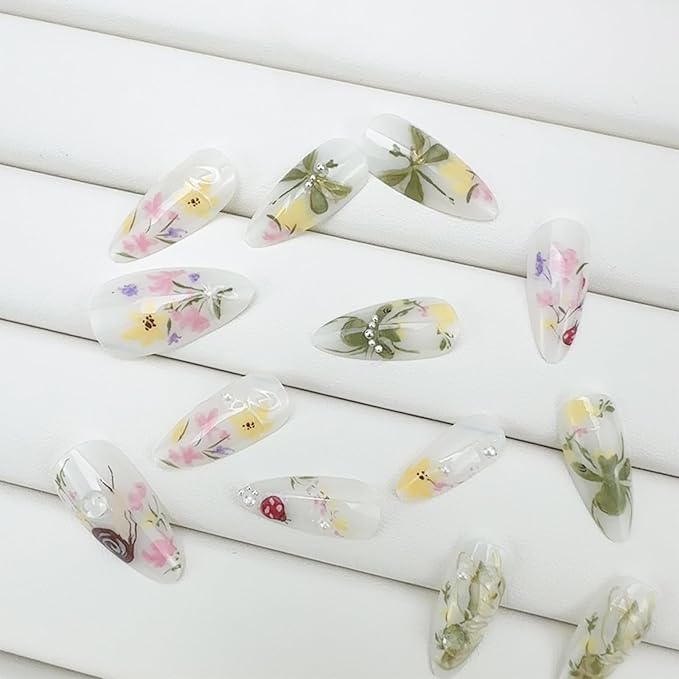 30Pcs Colorful Flower Press On Nails Medium Almond Fake Nails with 3D Water Drop Pearl Design Spring Summer Floral Gold Line False Nails Snails Dragonfly Butterfly Stick on Nails for Women