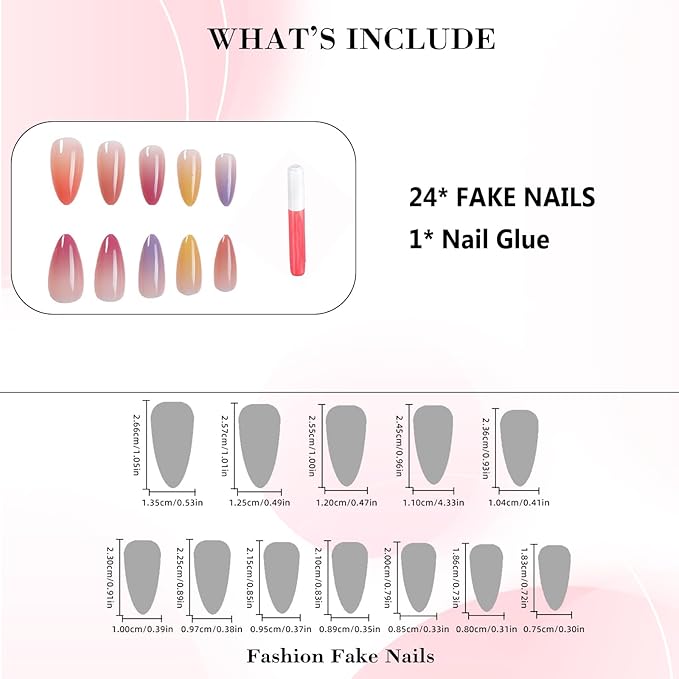 IMRAIN Rainbow Press on Nails Medium Almond Fake Nails Colorful Gradient False Nails with Designs Summer Glossy Glue on Nails Full Cover Acrylic Nail Supplies 24Pcs Stick on Nails