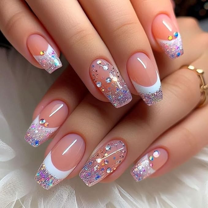Coffin Square Press on Nails Medium Fake Nails White Purple French Tip Artificial Nails Full Cover Acrylic Glue on Nails with Glitter Designs False Nails Stick on Nails for Women Girls Manicure 24PCS