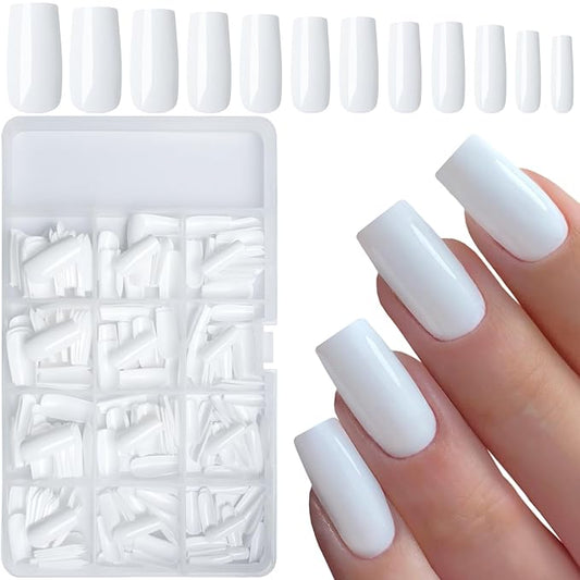 LuckForever 240pc White Square Press on Nails, Glue on Press on Nails, 10 Sizes, 1 Set, 240 Items, 240 Pieces, 1 Pack