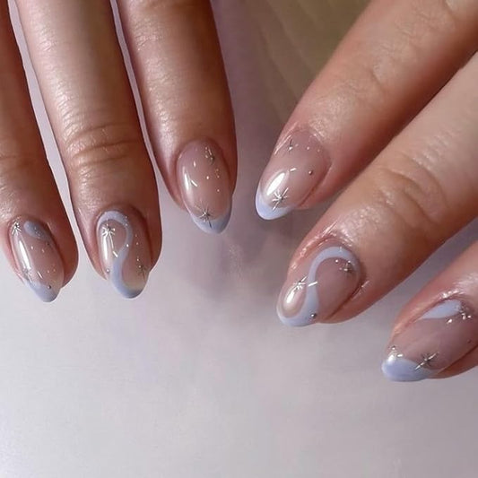 Short Press on Nails Almond French Purple Blue False Nails ilver Star Pattern Full Cover Artificial Stick on Nail Reusable Acrylic Nails Glue on Nails for Women Manicure Kit 24Pcs