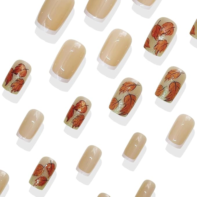 24Pcs Maple Leaf Press on Nails Short Square White French Tip Fake Nails Fallen Leaves with Glitter Design Thanksgiving Stick on Nails Full Cover Artificial Glue on Nail Autumn False Nails for Women