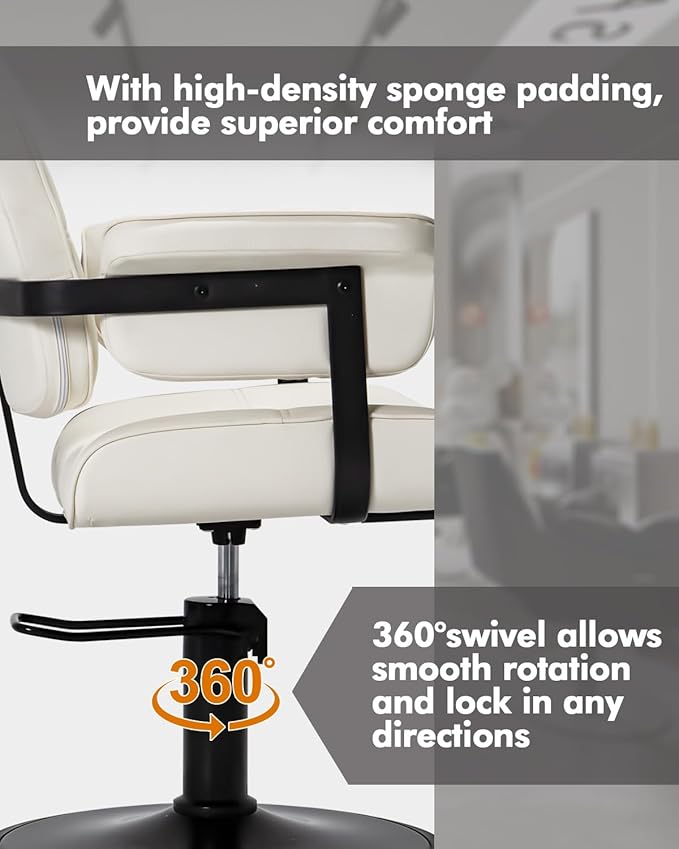 Barber Salon Chair, Extra Wide Hair Styling Chair with Heavy Duty Hydraulic Pump, 360° Swivel Height Adjustable Braiding Design, Luxury Beauty Salon and Barbershop Equipment, Ivory