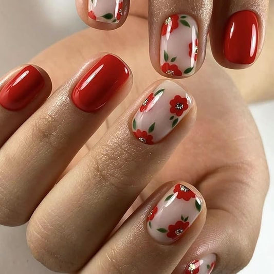 Small Flower Press on Nails Short Square Fake Nails Glossy Red False Nails with Cute Flowers Designs Full Cover Glue on Nails Spring Summer Acrylic Nails Short Floral Artificial Nails for Women 24PCS