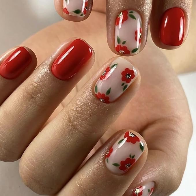 Small Flower Press on Nails Short Square Fake Nails Glossy Red False Nails with Cute Flowers Designs Full Cover Glue on Nails Spring Summer Acrylic Nails Short Floral Artificial Nails for Women 24PCS