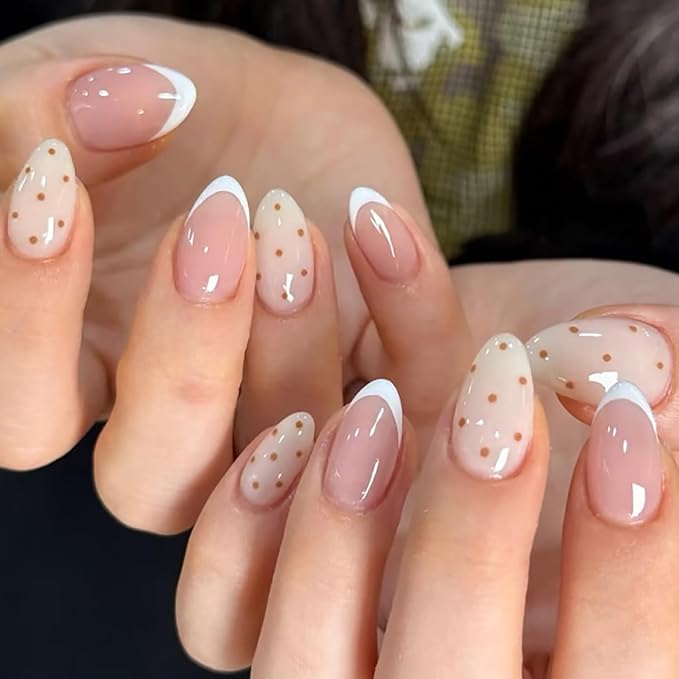 French Press On Nails Short Almond, Cute Nude Pink Fake Nails with White French Tip & Brown Dot Detail, Glossy Gel Finish Acrylic Nails, Reusable Glue On Nails Kit for Women, 24Pcs