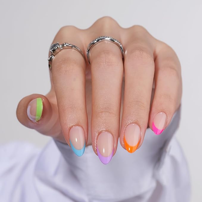 BTArtbox Press On Nails Short - Soft Gel French Tip Press On Nails, Colorful Almond Glue On Nails, Reusable Stick On Nails in 16 Sizes, Neon Rainbow French