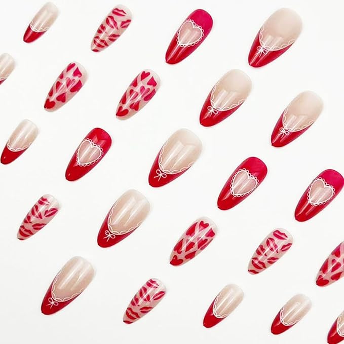 Red Press on Nails Heart Fake Nails French Tip Glue on Nail with Lip Print Design Reusable Glossy Full Cover Stick on Nail for Women Manicure 24Pcs