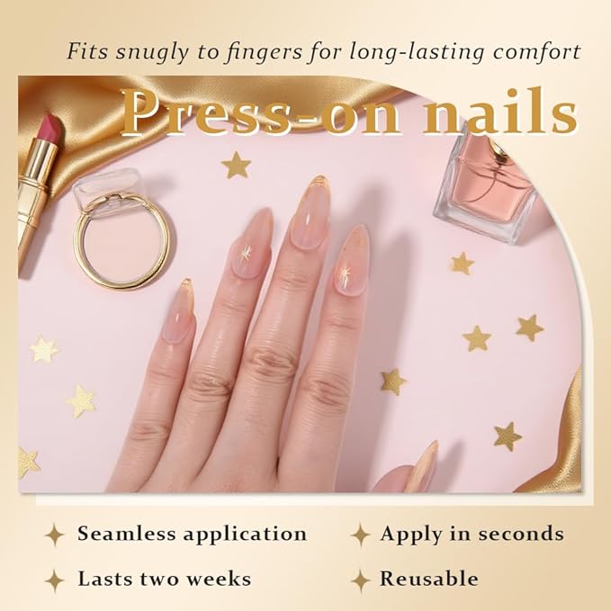 Gold French Tip Press On Nails Medium Almond, 3D Line Star French Tip Sticke On Nails, Designer Reusable Acrylic Nail Press Ons, Fake Nail With Glue On Nails, Daily Wea False Nail For Women