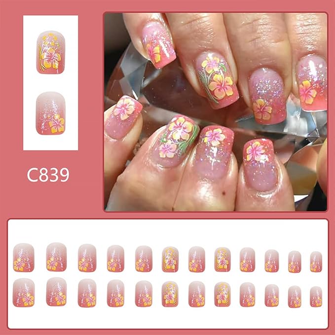 24Pcs Pink French Tip Press on Nails Short Square Fake Nails Yellow Flower Design Spring Summer False Nails Full Cover Artificial Glue on Nails Cute False Nails Stick on Nails for Women Nail Supplies
