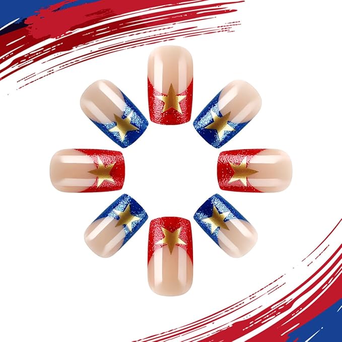 Fourth of July Press on Nails Independence Day Fake Nails French Tip False Nails Red Blue Fireworks with Star Design Glitter Stick on Nail Full Cover Acrylic Glue on Nail for Women Decor Manicure