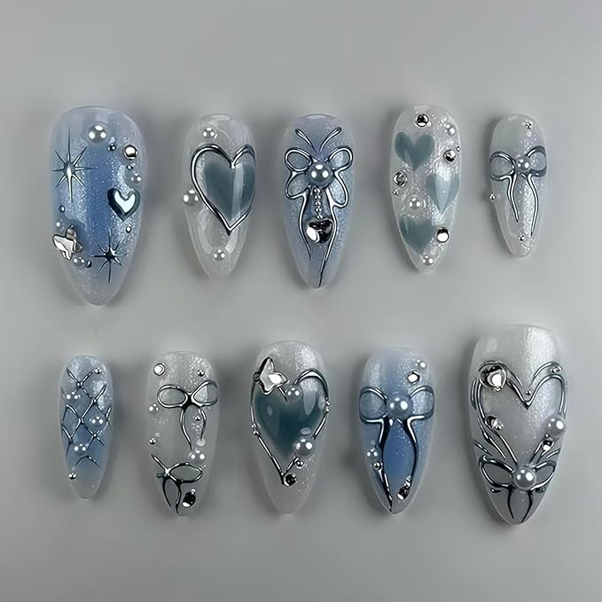 24Pcs Blue Gradient Press on Nails Medium Almond Fake Nails 3D Star Butterfly Heart Rhinestones Designs Full Cover Stick on Nails Artificial Glitter Nails Bow False Nails for Women Girls Acrylic Nails