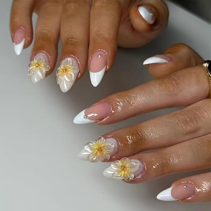 Floral Press on Nails White French Tip Fake Nails with Pearl Design Spring Summer Nail Glossy Reusable Artificial Acrylic Full Cover Stick on Nails Medium Almond False Nails for Women Manicure 24Pcs