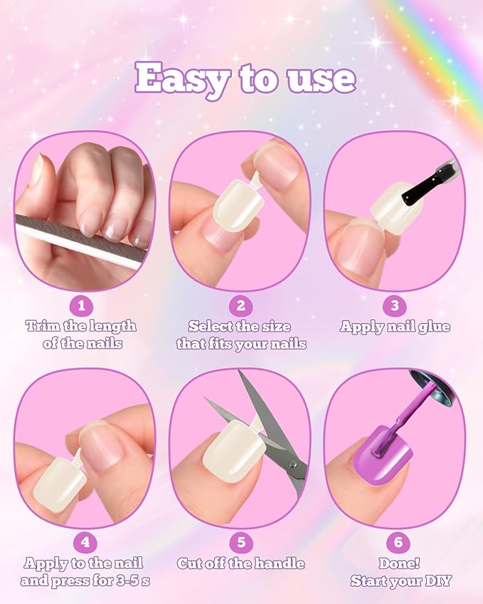 krofaue 240Pcs Kids Press on Nails with Handle - Short Fake Nails for Girls 12 Sizes Soft Gel Nail Tips for Safe & Fun DIY Nail Tips Art for Children 9-12(Nature)