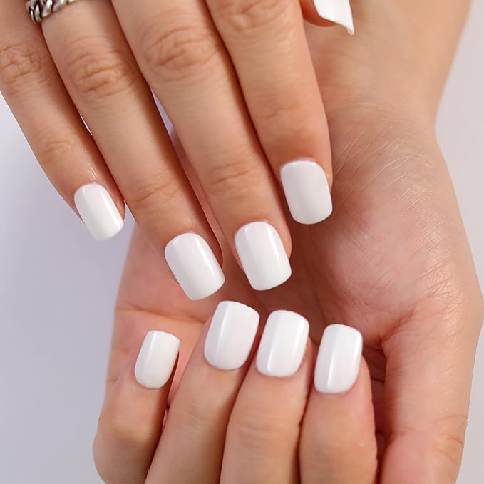 Milky White Press On Nails Short, Glossy Soft Gel Press On Nails Square with Nail Glue, 15 Sizes - 30 Fake Nails Kit, Thick Natural Reusable Glue On Nails for Women, White Mirage