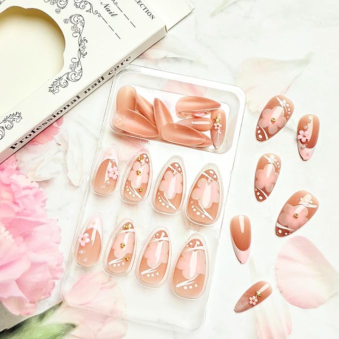 24Pcs 3D Flower Press on Nails Short Almond Fake Nails French Tip Glue on Nails with Gold Pearl Design Pink Artificial Nails Glossy Full Cover False Nails Cute Acrylic Stick on Nails for Women Girls
