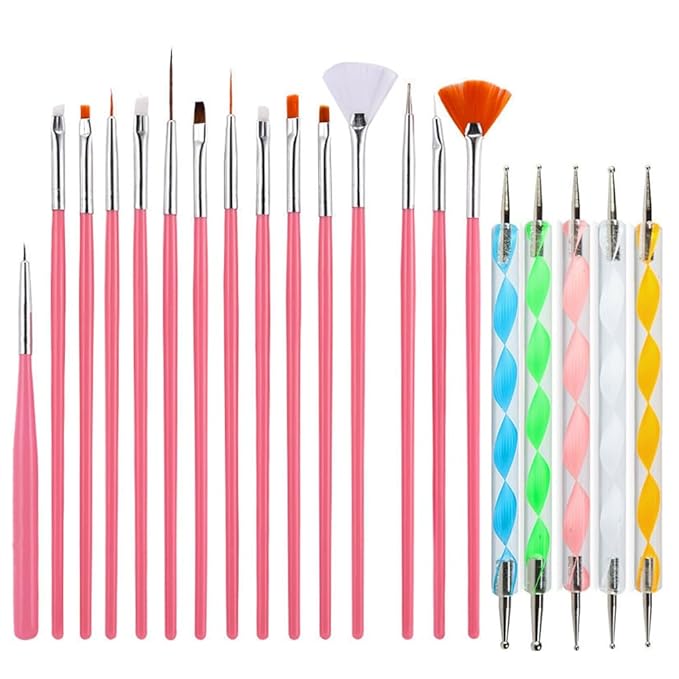 20pcs Nail Art Brushes Set, Nail Art Design Pen Painting Tools with Nail Extension Gel Brush, Nail Polish Brush, Builder Nail Gel Brush, Dotting needle,Adhesive drill pen (PinkFlower)