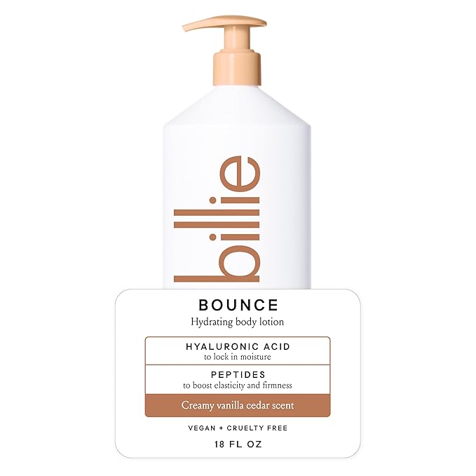 Billie Bounce Hydrating Women's Body Lotion, Vanilla Cedar Scent, with Hyaluronic Acid, 18 fl oz