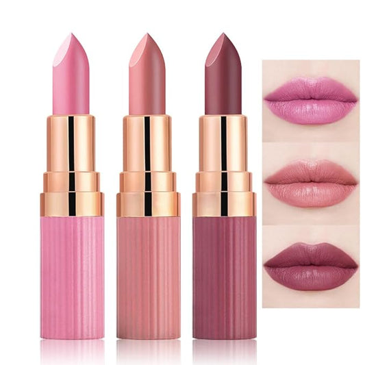 3Pcs Nude Pink Purple Mauve Lavender Lip Stick,Matte Cream Lipstick Set for Women,Long Lasting Waterproof Smudge Proof Velvet lipsticks Crayon,Lip Makeup Kit Travel Size,Vegan & Cruelty-free