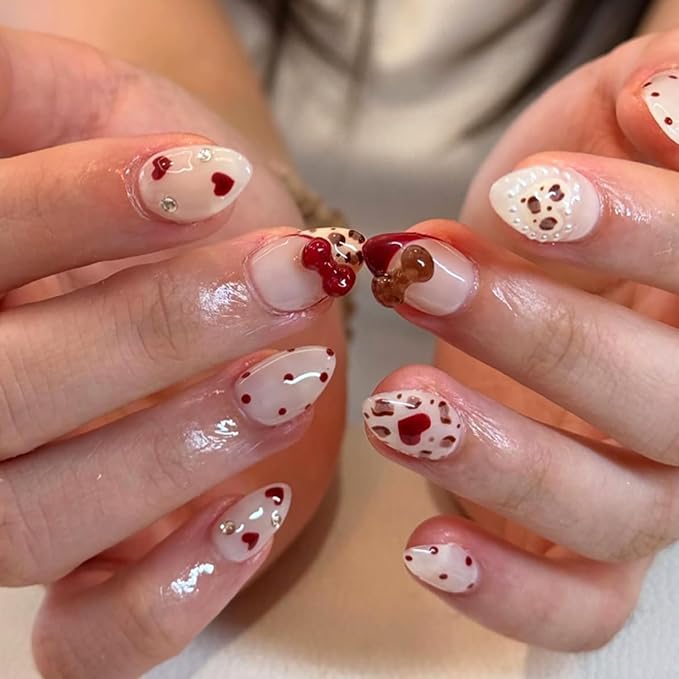Nude Almond Press On Nails Short, Cute Fake Nails with Red 3D Bow Heart Leopard Pearl & Rhinestone Detail, Glossy Gel Finish Acrylic Nails, Party Reusable Glue On Nails Kit for Women, 24Pcs