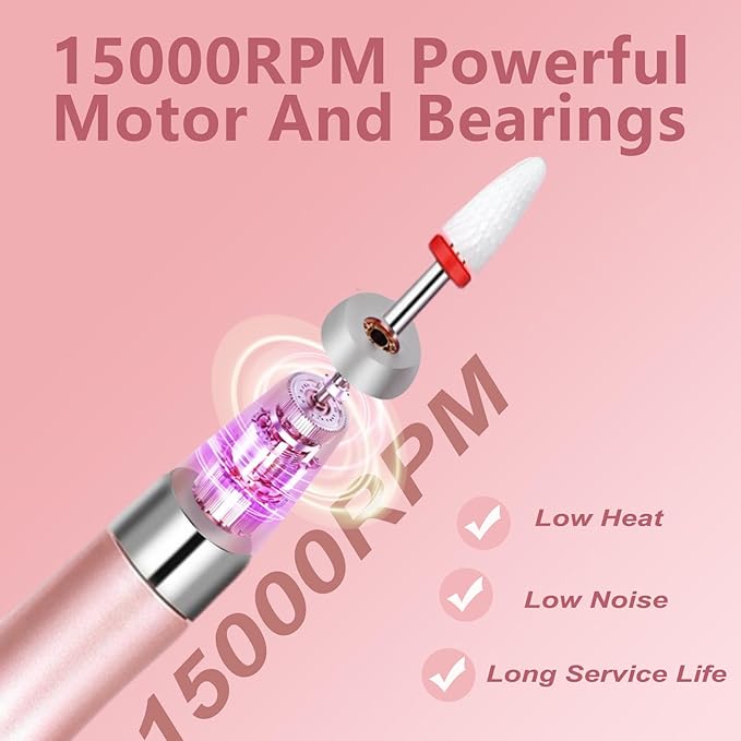 Electric Nail Drill File Cordless,Portable Rechargeable Nail File Kit for Acrylic & Gel Nails,Professional Efile for Manicure Pedicure Polishing,with 12 Nail Drill Bits 31 Sanding Bands,Rose Gold