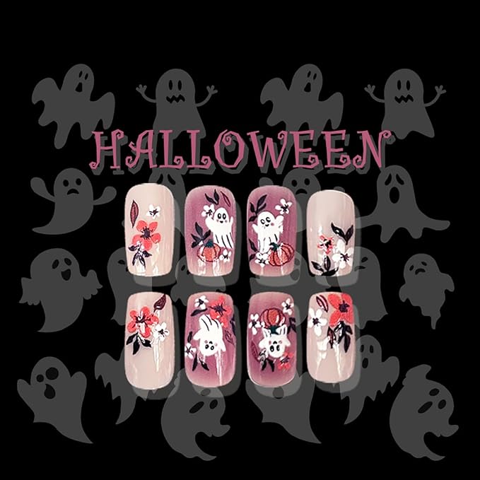 Halloween Ghost Press on Nails Medium Square Fake Nail Cute Ghost Flower Pumpkin Design Glue on Nails Autumn Flowers False Nail Glossy Full Cover Stick on Nails for Women Manicure Supplies 24Pcs