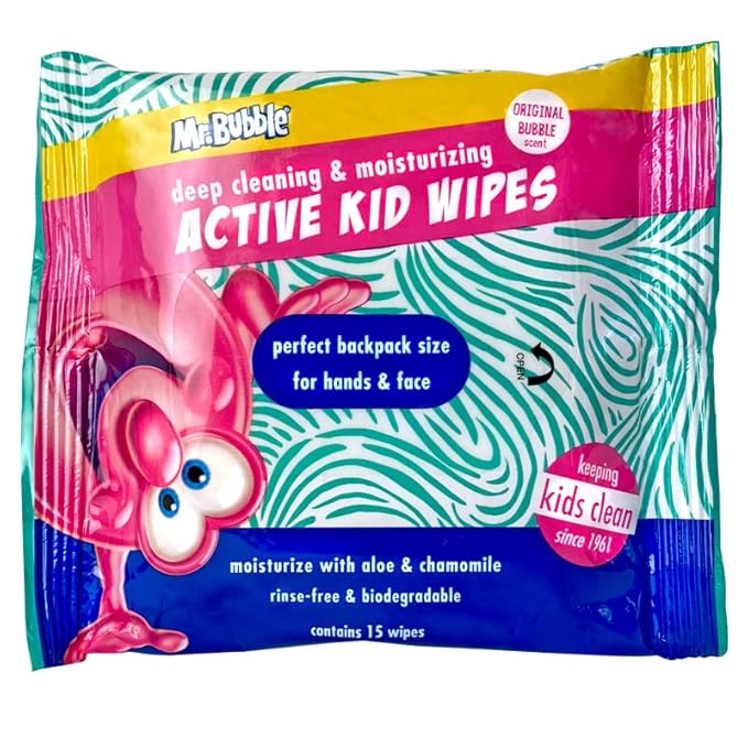 Mr. Bubble Moisturizing Kids Gentle Face and Hand Wipes, Travel Size Biodegradable Deep Cleaning Towelettes Made with Hydrating Aloe Vera and Chamomile (Pack of 12 Pouches, 15 Wipes Each)