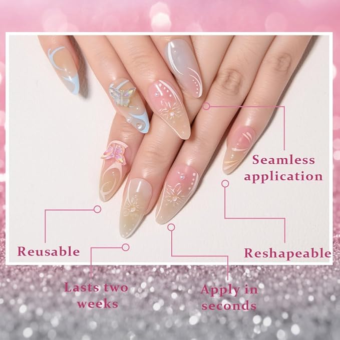 Handmade 3D Flower Butterfly Blue Pink Press On Nails Almond Medium, Cute Nails Press On Floral Pearl Designer Reusable Acrylic Fake Nails With Cute Charms Glue On Nails, Nails For Women