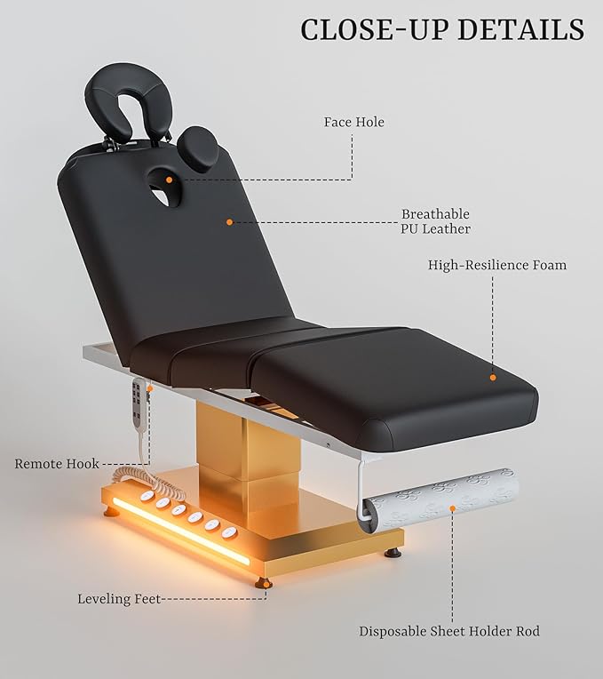 Icoget Professional Full Electric Spa Massage Treatment Table, Medical Bed with Independent Leg Adjustment, Facial Bed with Face Cradle for Beauty, Black