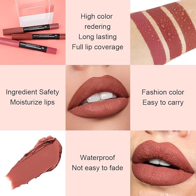 evpct 1Pcs Brown Matte Lipstick and Lip Crayon Liner Pencil Pen Set for Women Roll up Lip Liner Dark brown Lip Stain Long Lasting Waterproof labiales mate magicos 24 horas originales 06
