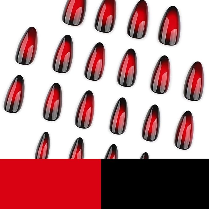 Red Press on Nails Black Ombre Fake Nails Medium Almond False Nail Glossy Full Cover Glue on Nail Artificial Acrylic Dark Stick on Nail for Women Girls Christmas Manicure 24Pcs