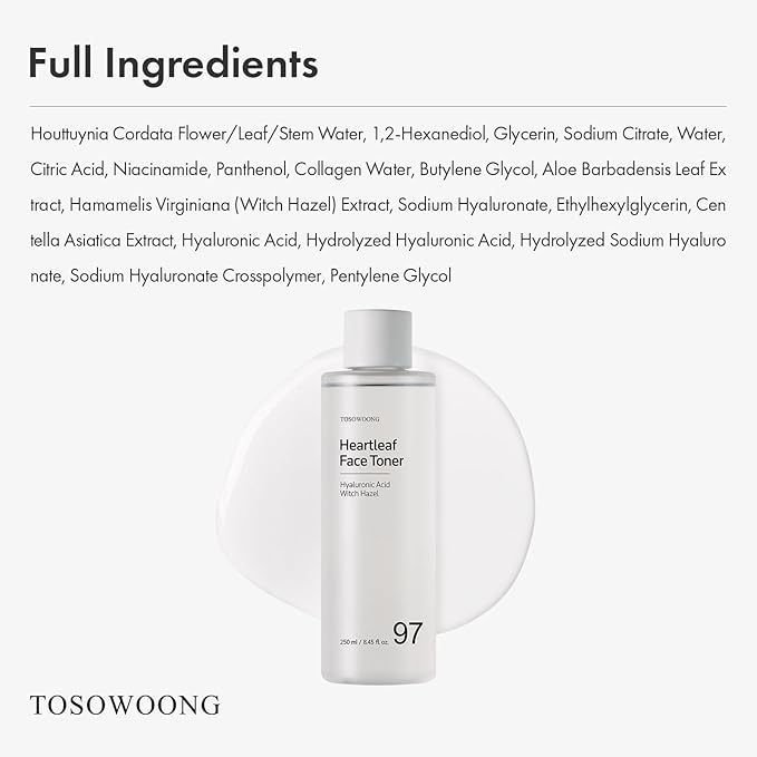 TOSOWOONG Heartleaf Face Toner with 970,200ppm Heartleaf Water, Centella, Hyaluronic Acid, Witch Hazel, Trouble Care, Acne-Prone, Calming, Hydrating, Purifying, Korean Skin Care, 250ml, 8.45 fl.oz.