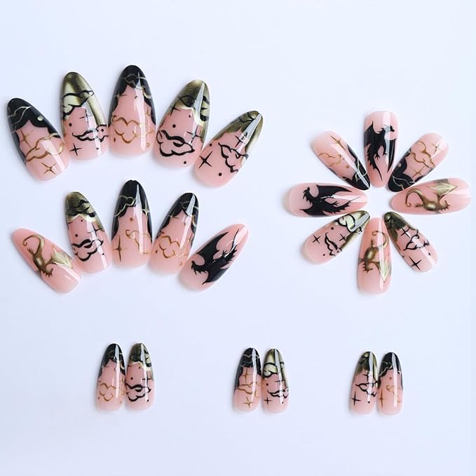 Press on Nails Medium Almond Fake Nails with Gold Black Dragon Design French Tip False Nails Press on Glossy Full Cover Glue on Acrylic Nails for Women Manicure 24Pcs
