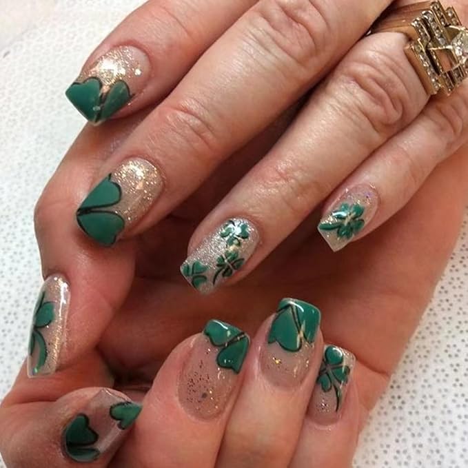St. Patrick's Day four-leaf Press on Nails with French Clover Glitter Design,Glossy Sparkly Silver Green Four Leaf Clover Fake Nails Full Cover Glue on Nails Lucky Shamrock Stick on Nails for Women