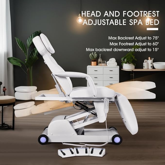 Artist hand 3 Motor Electrical Facial Bed for Esthetician 110V Removable Massage Table Led Light Beauty Bed Medical Aesthetic Tattoo Chair with Adjustments, Hand/Foot-Operated, White