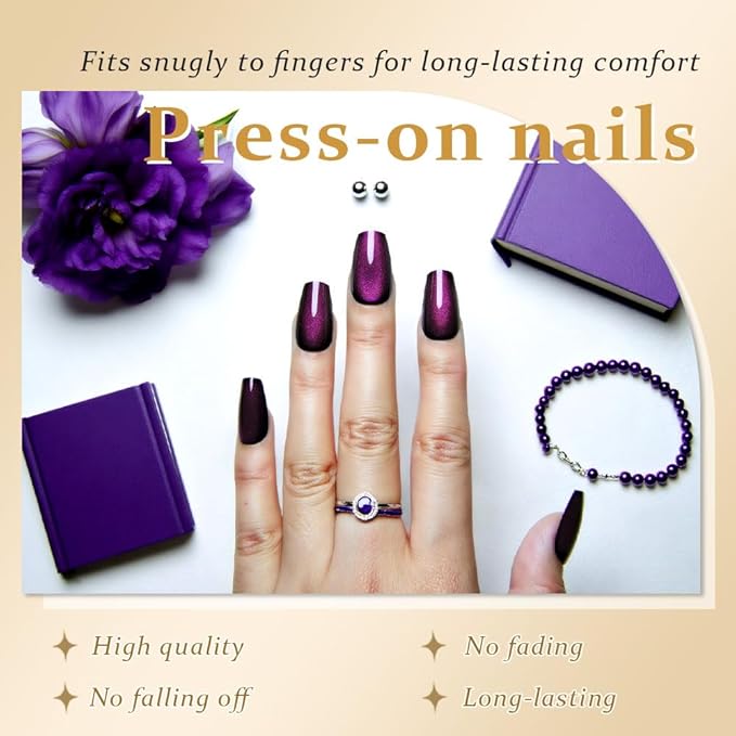 evpct Dark Purple Cat Eye Coffin Press on Nails Square Medium, Medium Square Glue on Nail for Women, Dark Purple Metallic Glitter Glossy Reusable Summer Soft Gel Press on Acrylic Fake Nail with Design