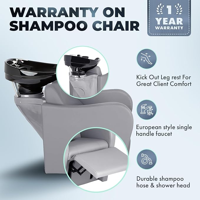 Buy-Rite Lexus Backwash Unit with Tilting Black Porcelain Shampoo Bowl, Extra Wide Foam Padded Seat, Kick-Out Leg Rest & European Style Single Handle Faucet - Gray Salon Shampoo Chair, TS-8018B