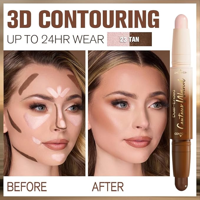 2Pcs Contour Stick Dual Ended Face Body Makeup Waterproof no Transfer, 2 in 1 Cream Concealer Stick Contouring Makeup Kit, Nose Contour Bronzer Sticks Face Highlighter Make up 21#+23#