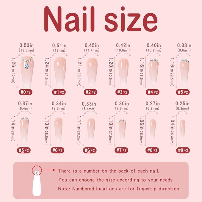 Yivaiks Press-on Nails, 24pcs Ballerina Bling Acrylic Nails Kit, Rhinestones Coffin Nails with Designs, Full Cover Artificial Nails, 12 Sizes, Ideal for Occasions, Gifts, Temporary Use