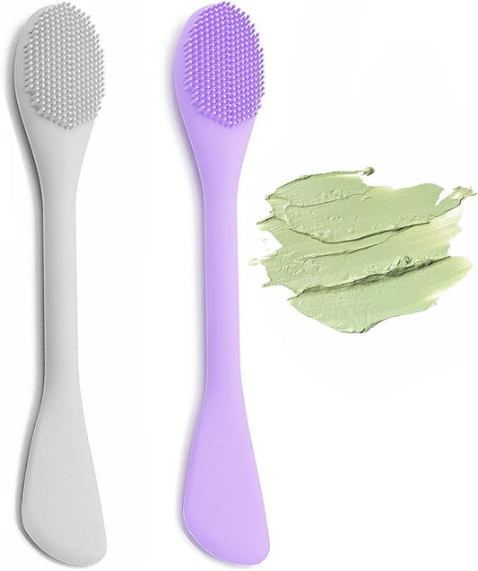 Pore Scrubber, Double-End Silicone Face Mask Brush Silicone Face Scrubber, 2Pcs Soft Mask Applicator Tool for Facial Mud,Facial Cleansing Brushes for Makeup Skincare Removal, Grey and Purple